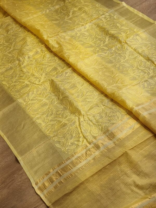 Pure Tussar Kota Embroidery Chikankari Saree With Double Ghiccha Pallu - Image 12
