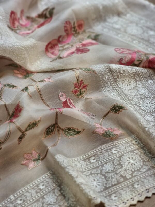 Pure Organza Silk Saree With Katha Machine Chikankari , Border with velvet lace - Image 5