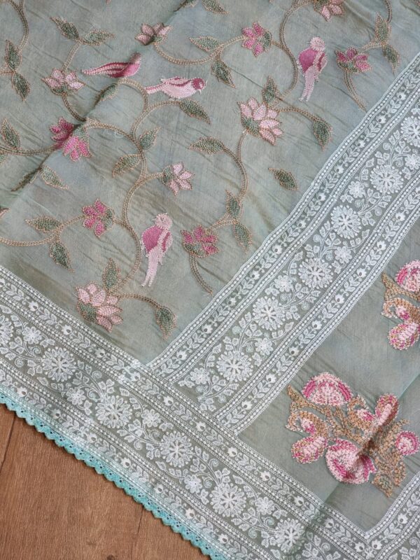 P ure Organza Silk Saree With Katha Machine Chikankari , Border with velvet lace - Image 6