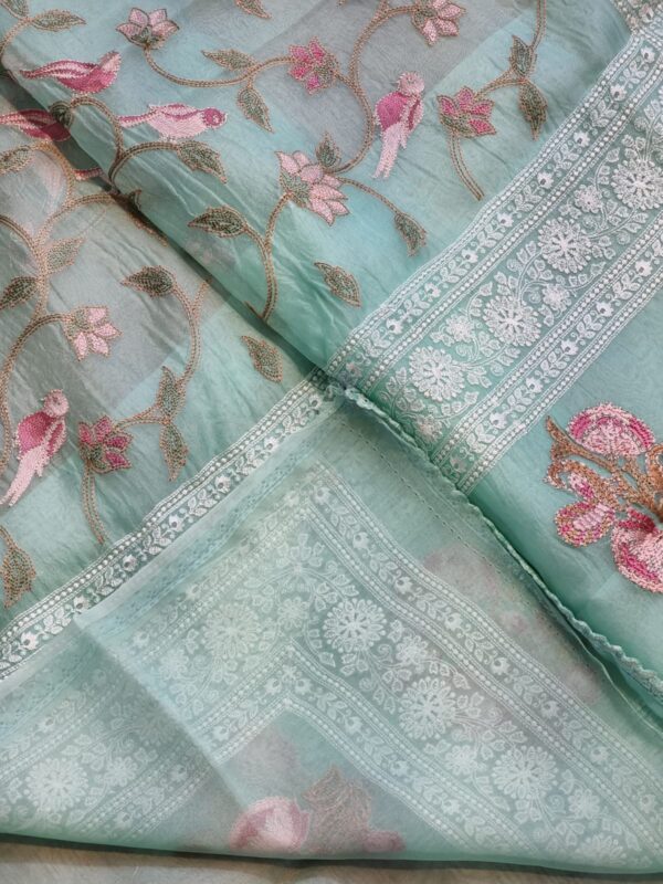 P ure Organza Silk Saree With Katha Machine Chikankari , Border with velvet lace - Image 4