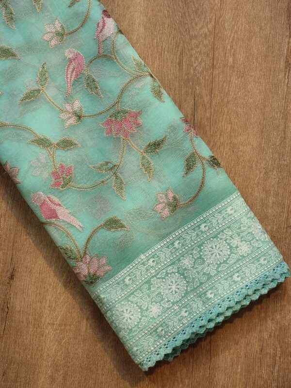 P ure Organza Silk Saree With Katha Machine Chikankari , Border with velvet lace - Image 2