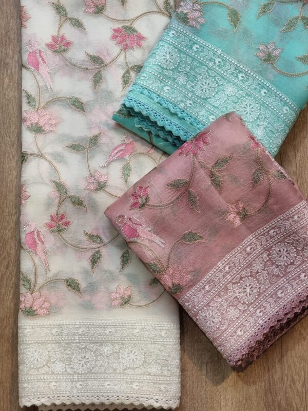 Pure Organza Silk Saree With Katha Machine Chikankari , Border with velvet lace - Image 7