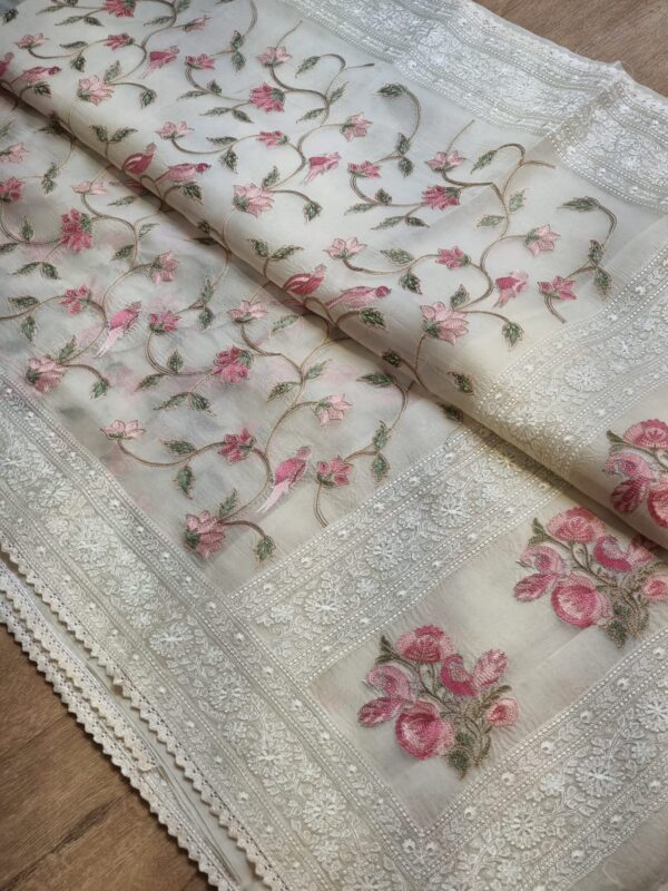 Pure Organza Silk Saree With Katha Machine Chikankari , Border with velvet lace