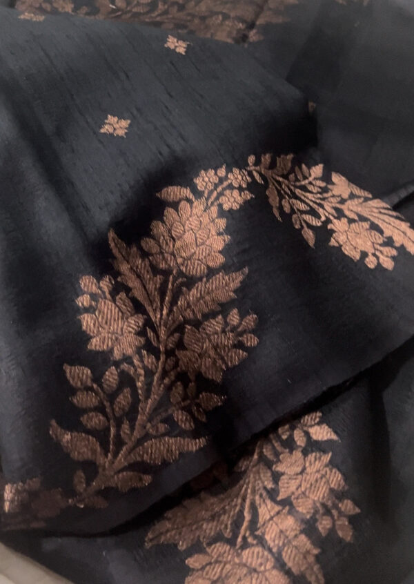 Beautiful Jet Black Dupion Raw Silk Banarasi Saree with Zari Weave All Over - Image 2