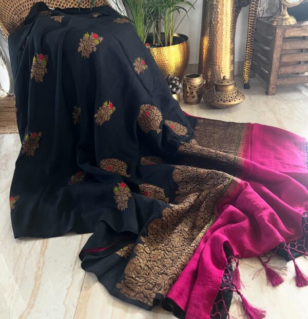 Pure Handloom Munga Tussar Silk Banarasi Saree With Kadhua Weave Zari