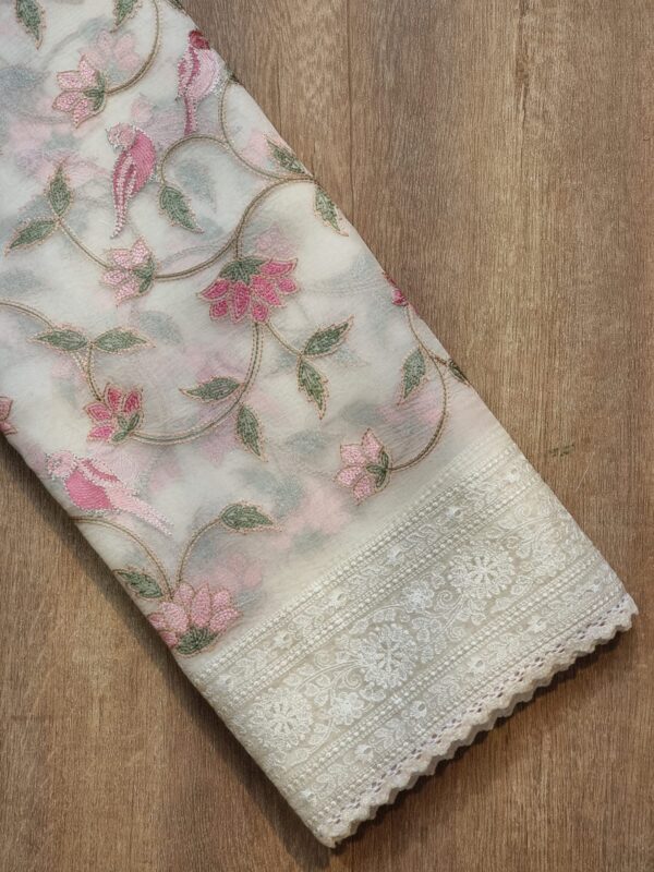 Pure Organza Silk Saree With Katha Machine Chikankari , Border with velvet lace - Image 2