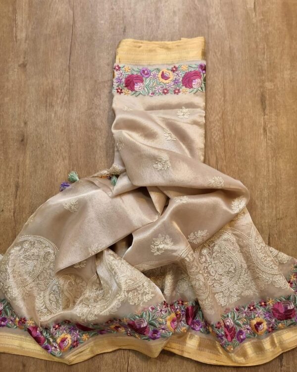 Pure Tissue Silk Parsi Border Chikankari Embroidery Saree  with special Tassels