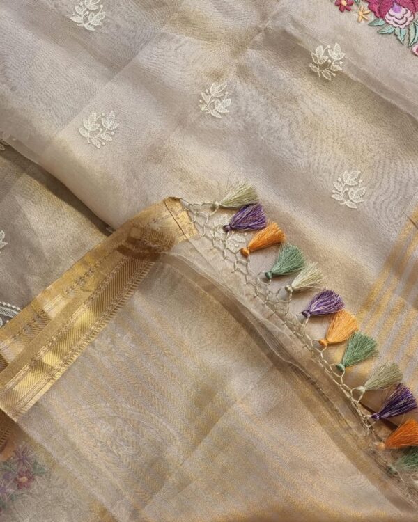 Pure Tissue Silk Parsi Border Chikankari Embroidery Saree  with special Tassels - Image 10
