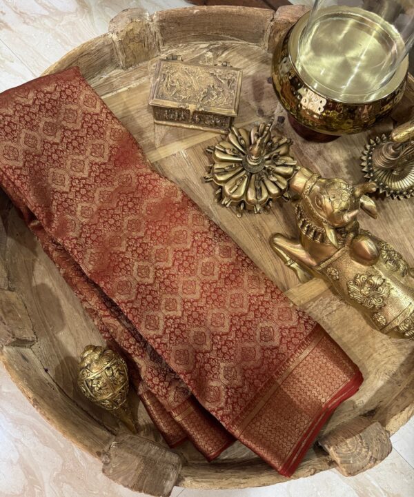 Beautiful Rust Orange Mysore Brocade Crepe Silk Saree With Zari Wooven - Image 2