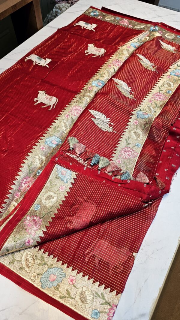 Organza Silk Tissue Zari Stripe Pichwai Buta Paithni Border Saree - Image 7