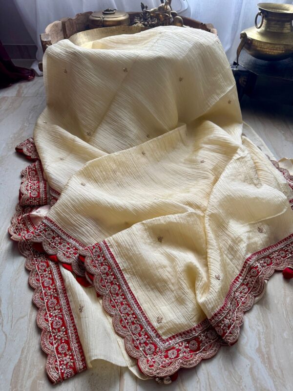 Designer Crush Tissue Saree with Zardozi Embroidery - Image 7