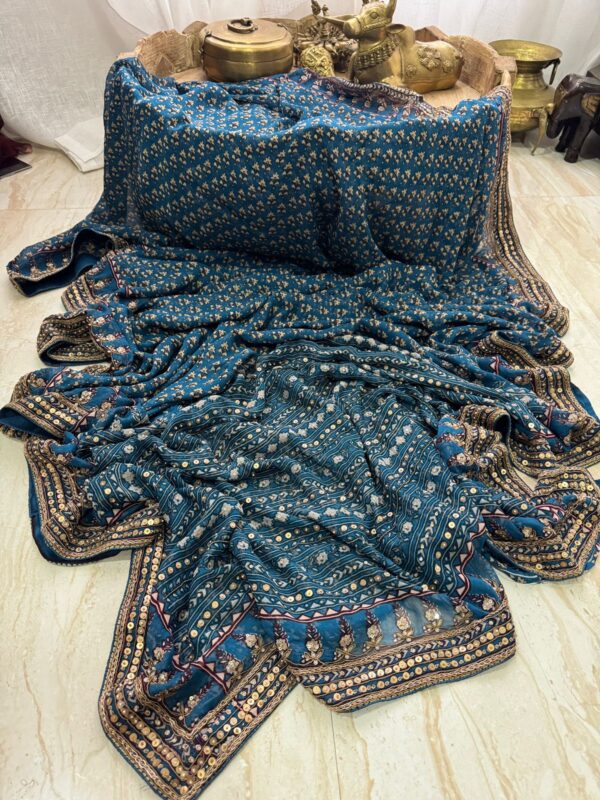 Georgette Ajrakh Print Saree With Hand Zardozi Border
