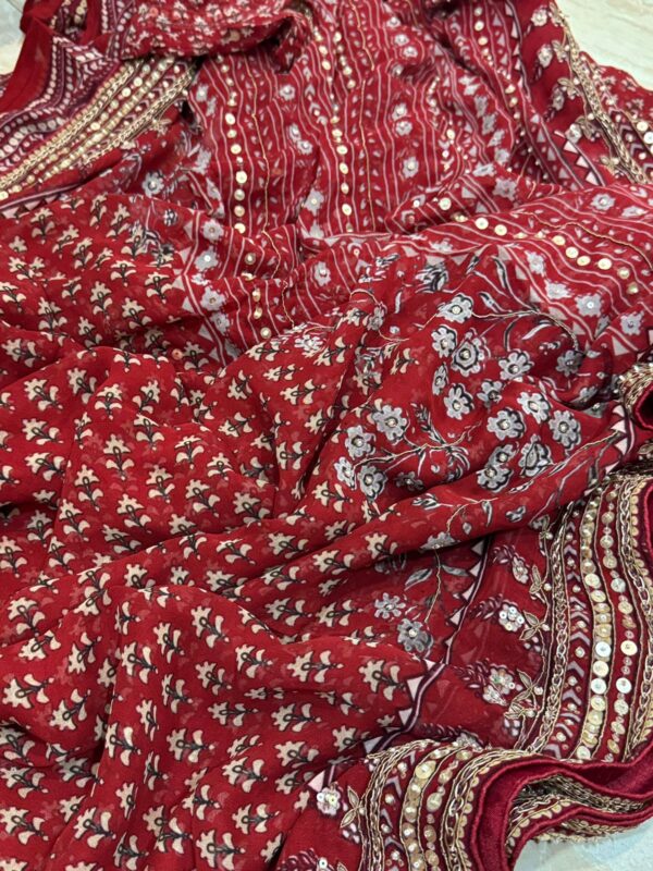 Georgette Ajrakh Print Saree With Hand Zardozi Border - Image 7