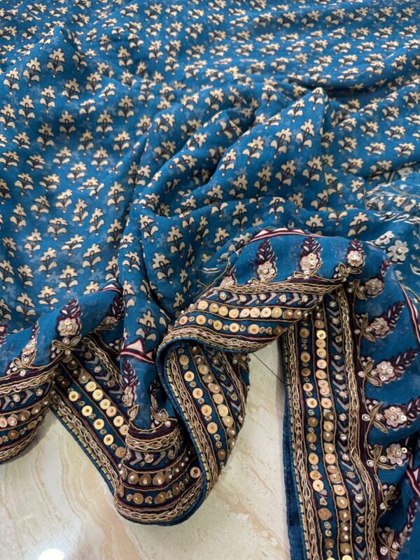 Georgette Ajrakh Print Saree With Hand Zardozi Border - Image 7