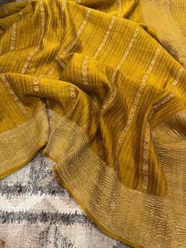 Pure Mysore Brocade Crush Zari Meenakari Weave Crepe Saree - Image 7