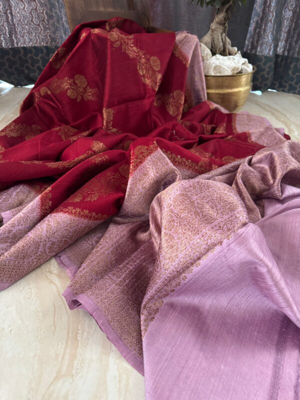 Pure Handloom Raw Silk Banarasi Saree With Leheriya Weave Zari - Image 7