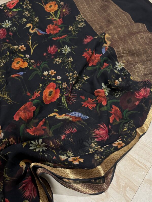 Pure Chiffon Digital Print zari Weave Border Saree - Image 5