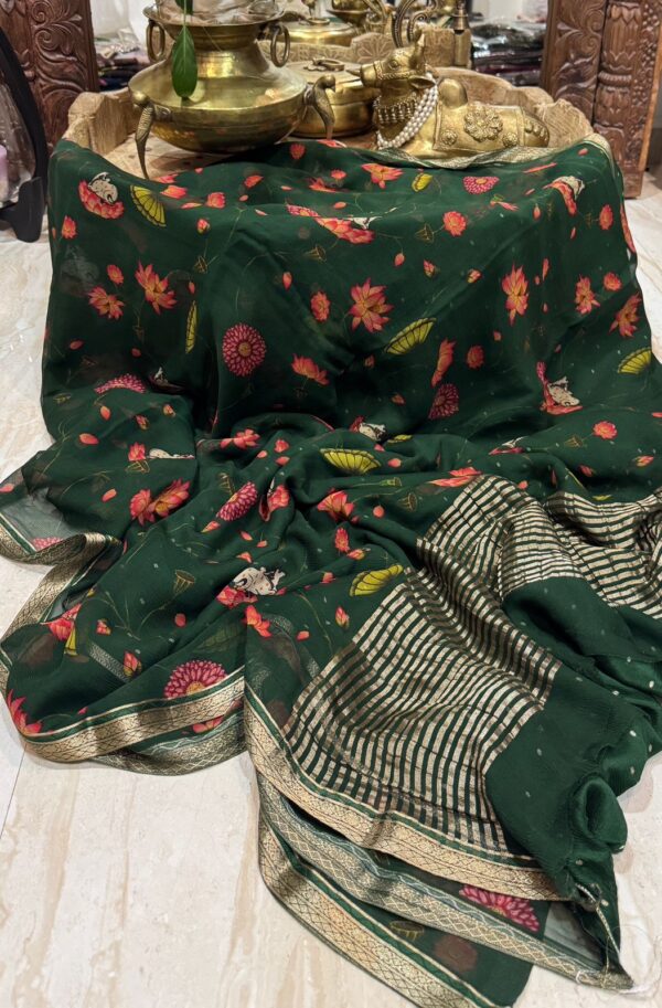 Pure Mysore Chiffon Digital Print Saree With Zari Weave Border - Image 4