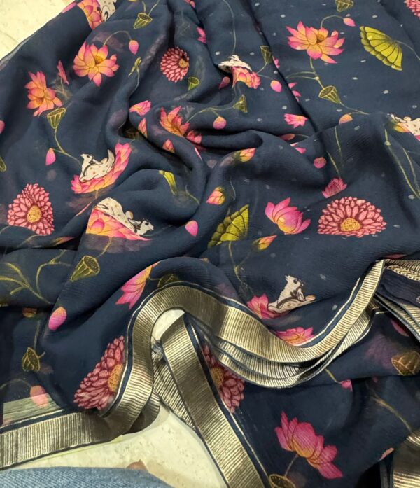 Pure Mysore Chiffon Digital Print Saree With Zari Weave Border