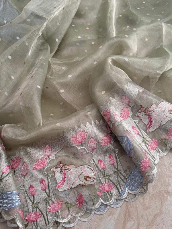 Pure Banarasi Soft Tissue Silk Saree With Pichwai Embroidery Work - Image 6