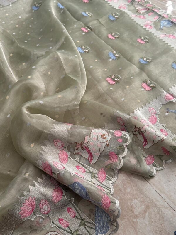 Pure Banarasi Soft Tissue Silk Saree With Pichwai Embroidery Work - Image 4