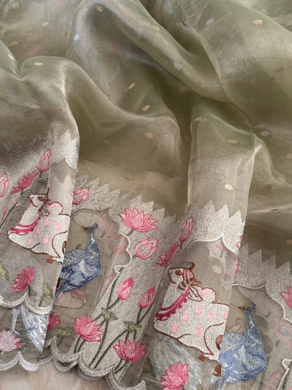 Pure Banarasi Soft Tissue Silk Saree With Pichwai Embroidery Work - Image 5