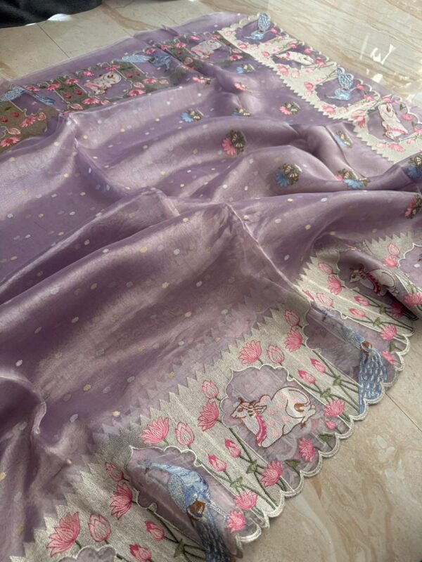 Pure Banarasi Soft Tissue Silk Saree With Pichwai Embroidery Work - Image 6