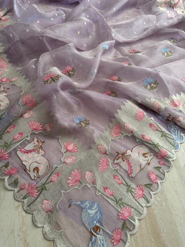 Pure Banarasi Soft Tissue Silk Saree With Pichwai Embroidery Work - Image 8