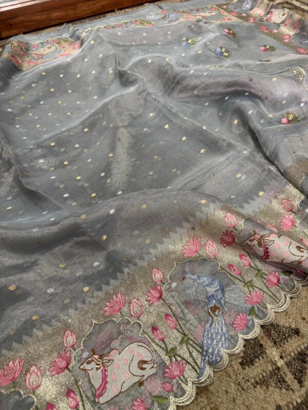 Pure Banarasi Soft Tissue Silk Saree With Pichwai Embroidery Work - Image 3