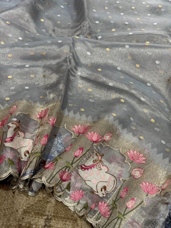 Pure Banarasi Soft Tissue Silk Saree With Pichwai Embroidery Work - Image 4