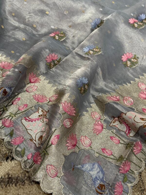 Pure Banarasi Soft Tissue Silk Saree With Pichwai Embroidery Work - Image 5
