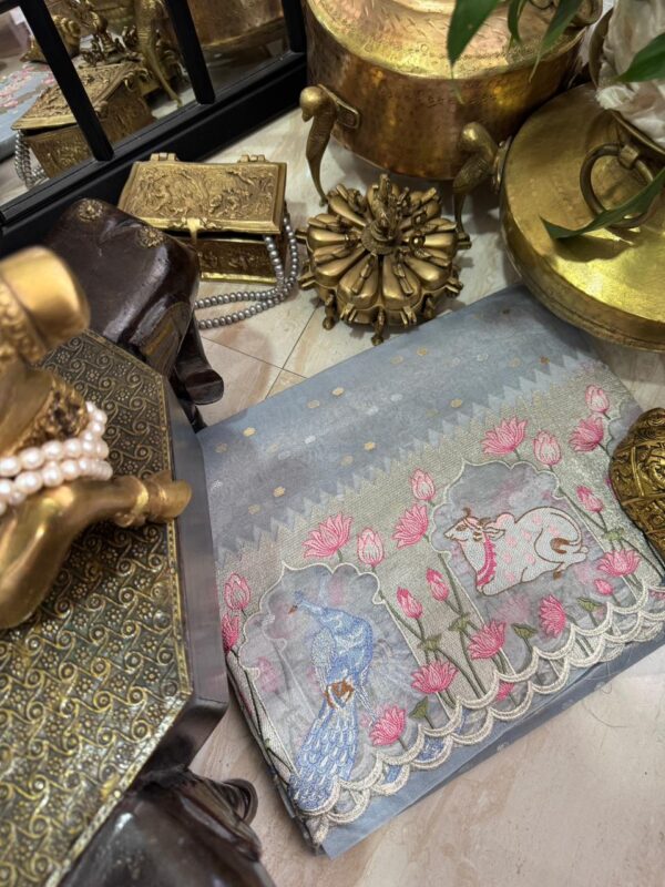 Pure Banarasi Soft Tissue Silk Saree With Pichwai Embroidery Work - Image 2