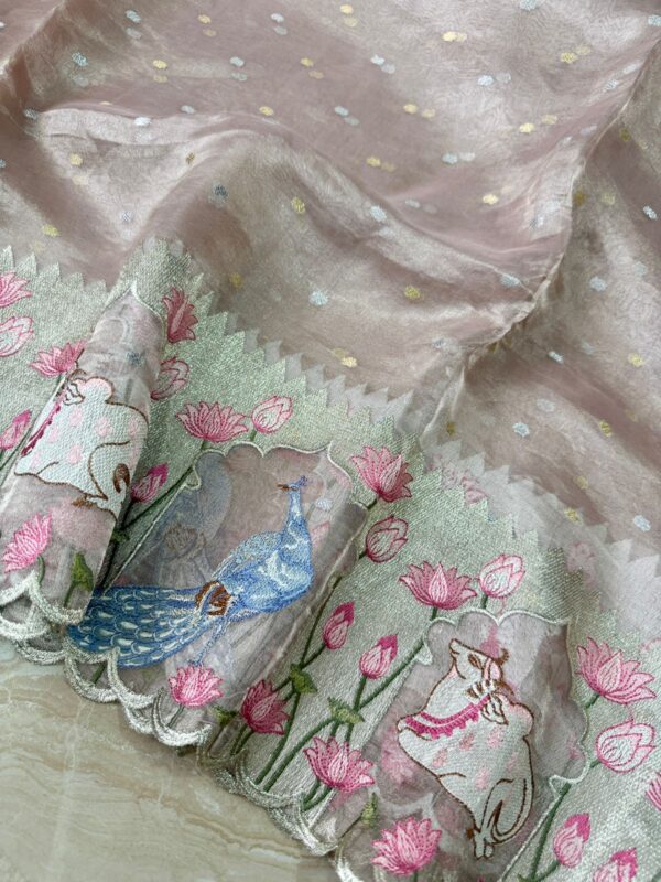 Pure Banarasi Soft Tissue Silk Saree with Pichwai Embroidery Work - Image 3