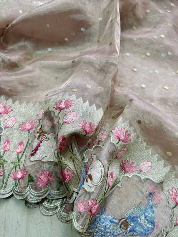 Pure Banarasi Soft Tissue Silk Saree with Pichwai Embroidery Work - Image 6