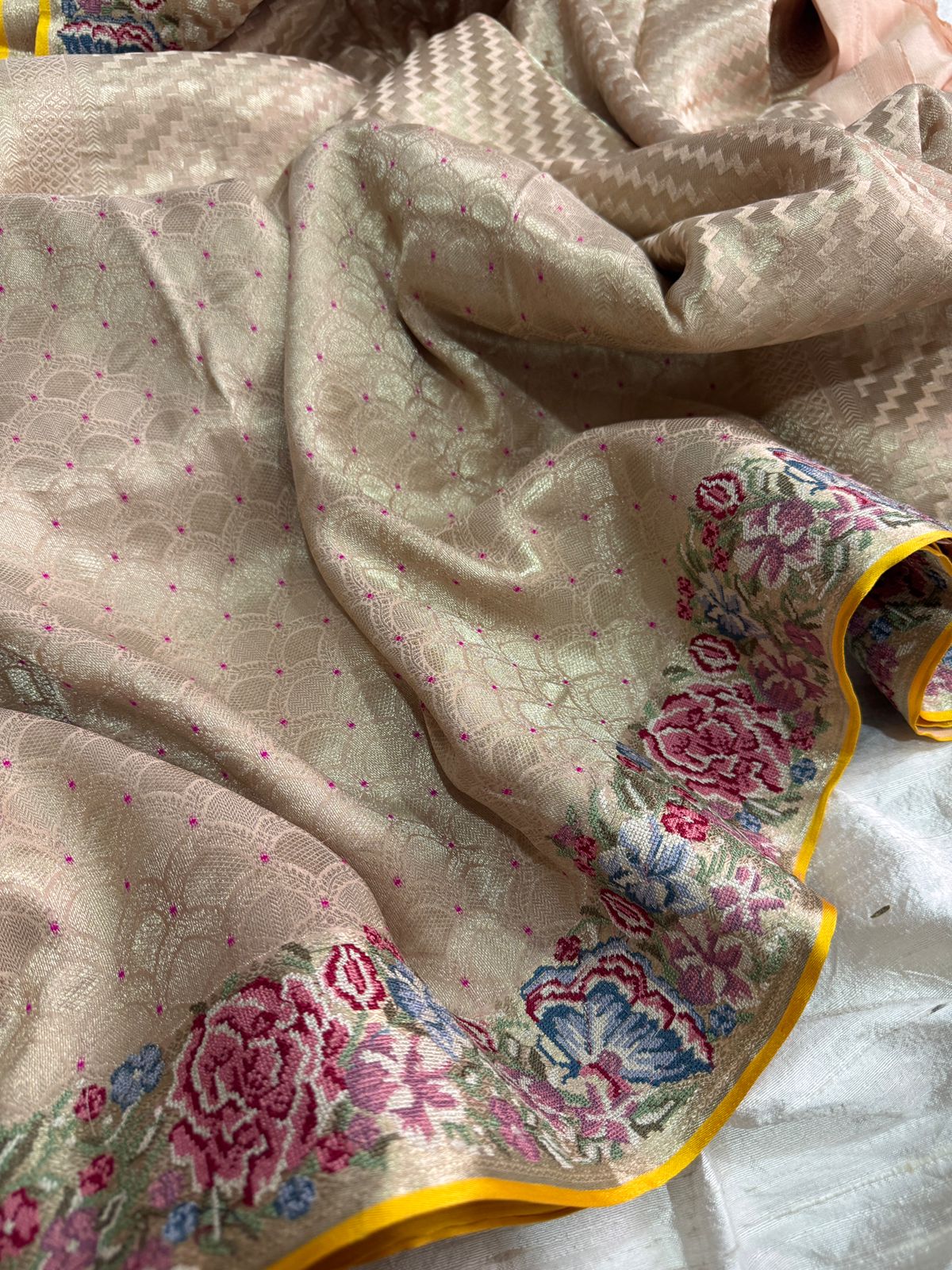 Mysore Brocade Crepe Silk Saree with Meenakari Weave & Petit Point Embroidery Border - Image 3