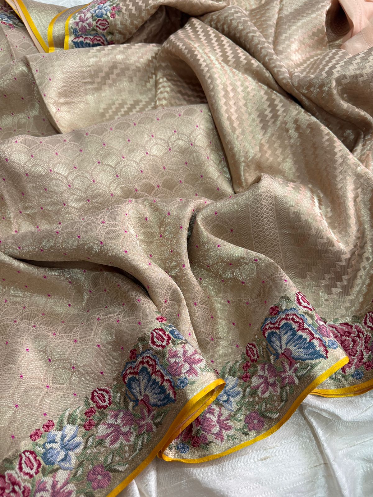 Mysore Brocade Crepe Silk Saree with Meenakari Weave & Petit Point Embroidery Border - Image 6