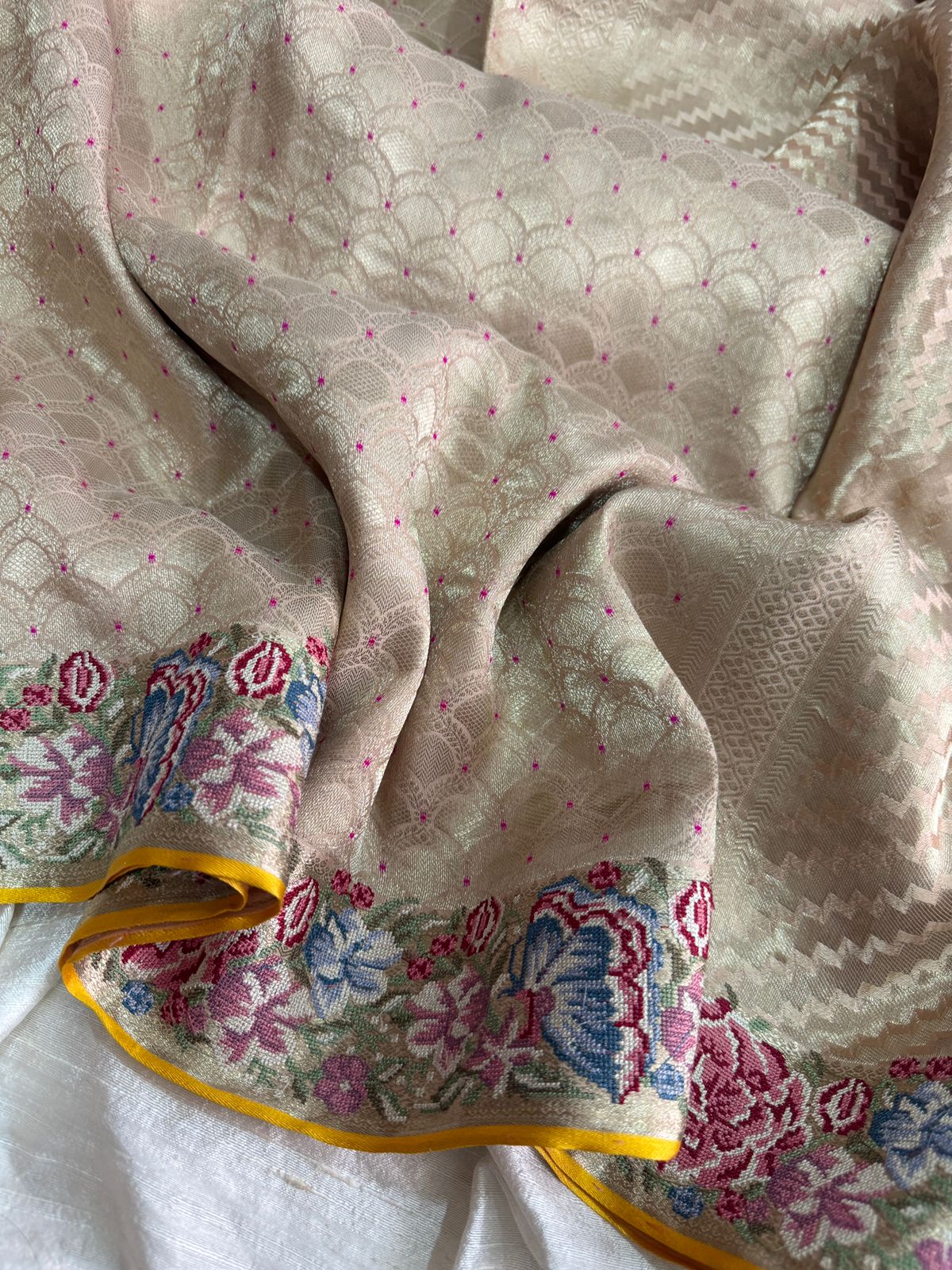 Mysore Brocade Crepe Silk Saree with Meenakari Weave & Petit Point Embroidery Border - Image 5