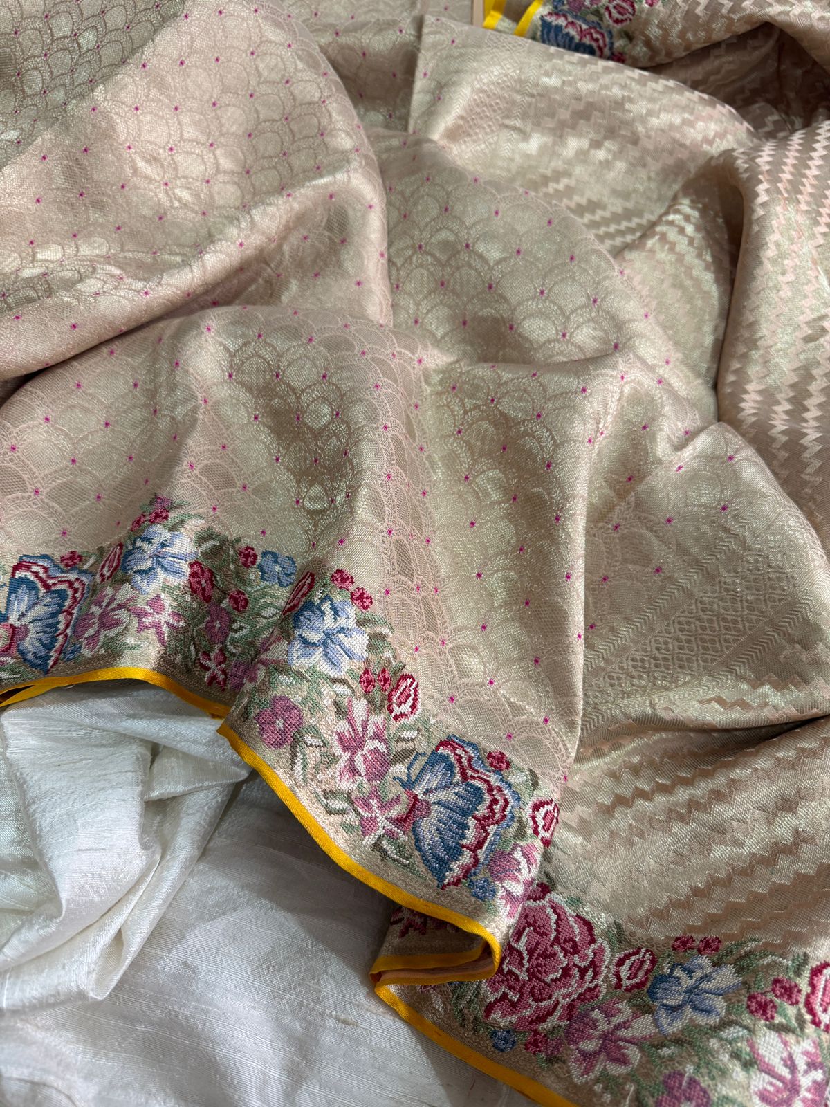 Mysore Brocade Crepe Silk Saree with Meenakari Weave & Petit Point Embroidery Border - Image 4