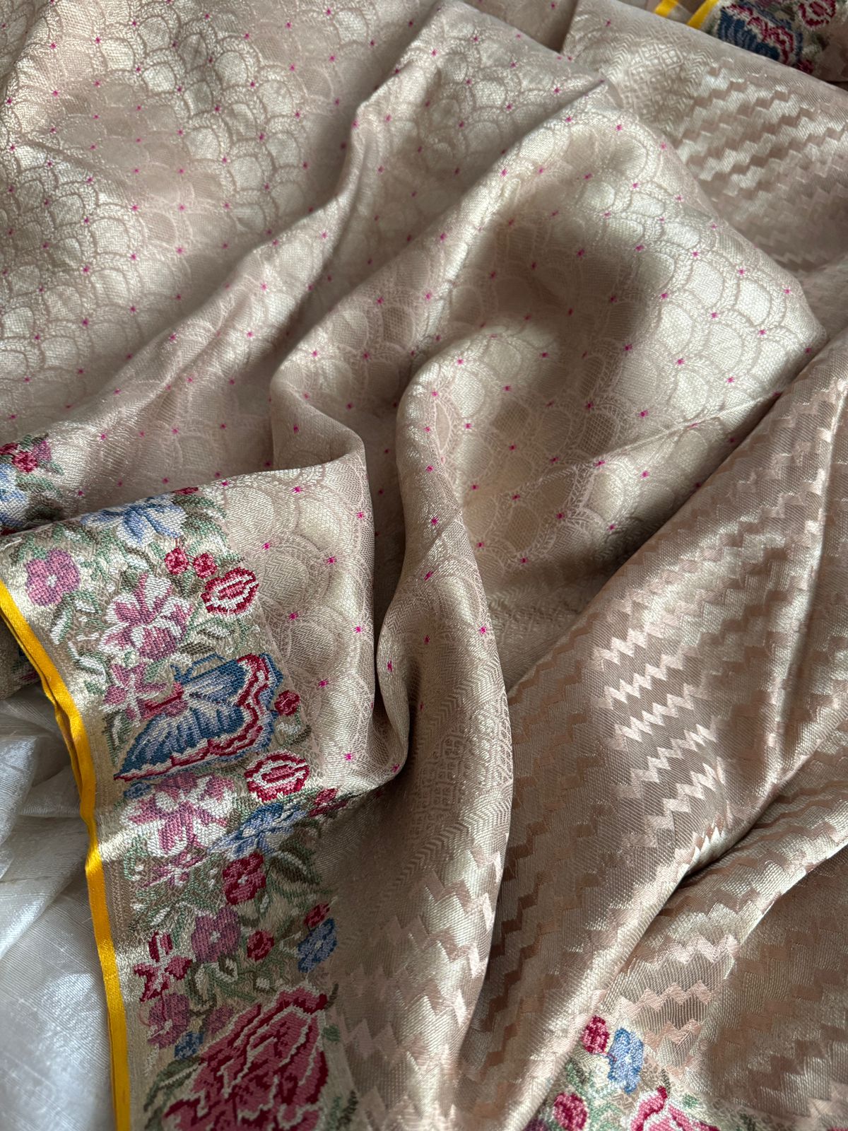 Mysore Brocade Crepe Silk Saree with Meenakari Weave & Petit Point Embroidery Border - Image 7