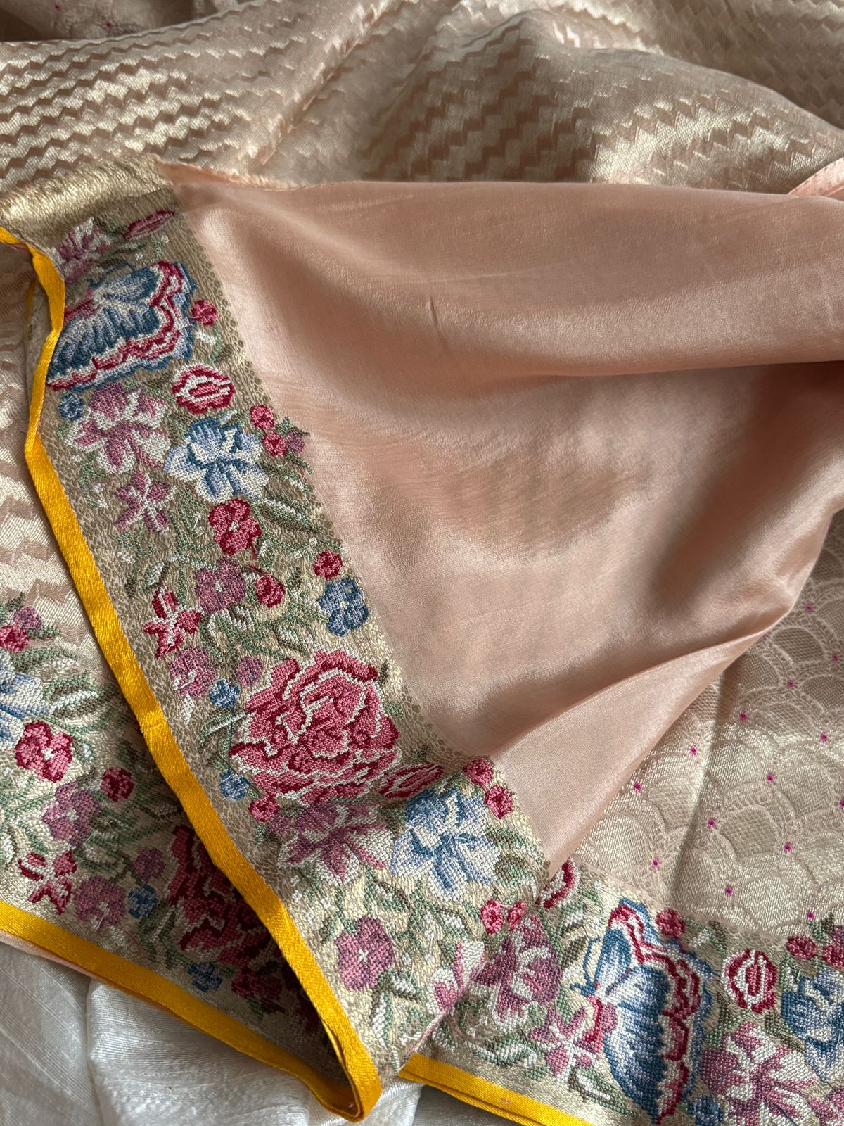 Mysore Brocade Crepe Silk Saree with Meenakari Weave & Petit Point Embroidery Border - Image 9