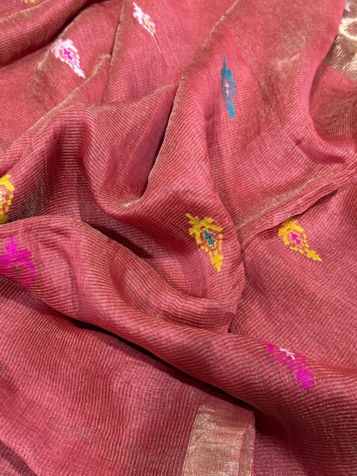 Pure Hamdloom Linen Silk Tissue Saree With Jamdani Weave - Image 3