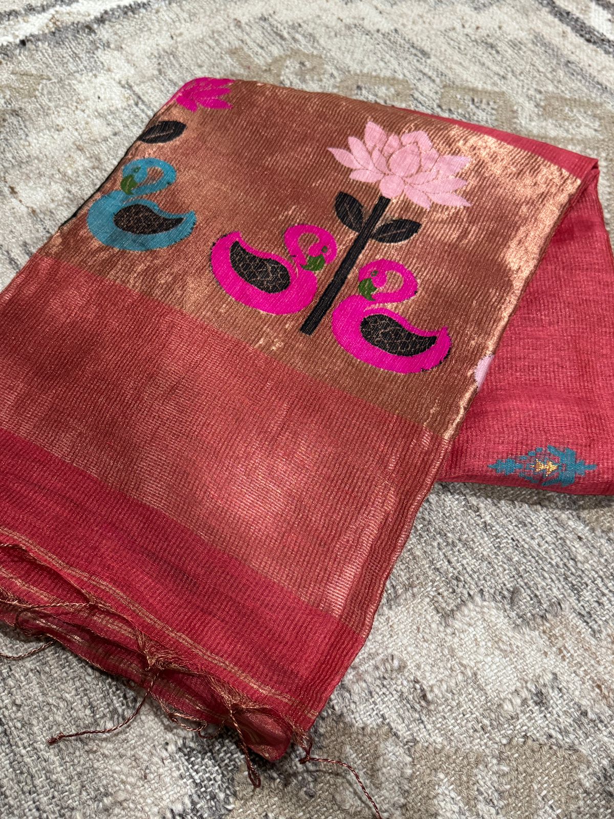 Pure Hamdloom Linen Silk Tissue Saree With Jamdani Weave - Image 6
