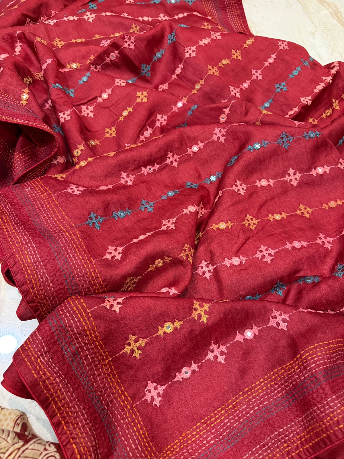 Bengal Tussar Silk Saree with Kutch Embroidery - Image 3