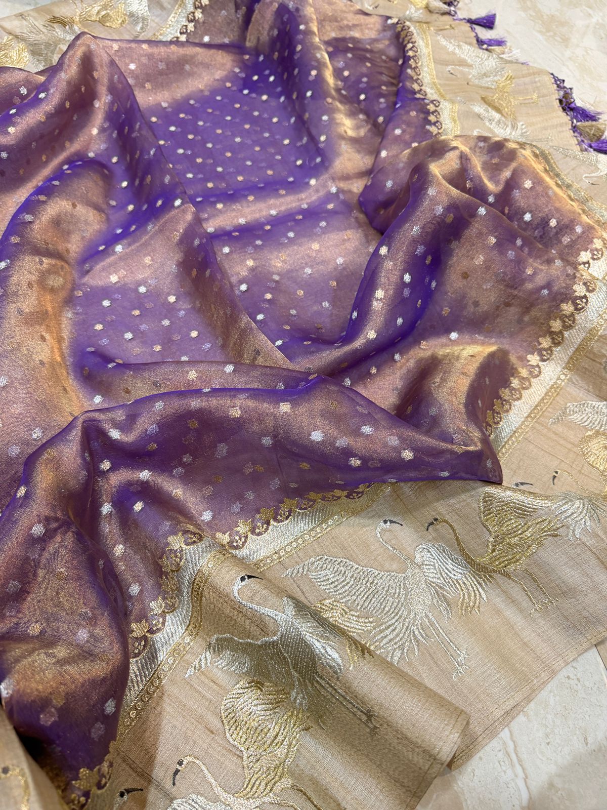 Banarasi Soft Tissue Silk Saree With Tussar Border - Image 4