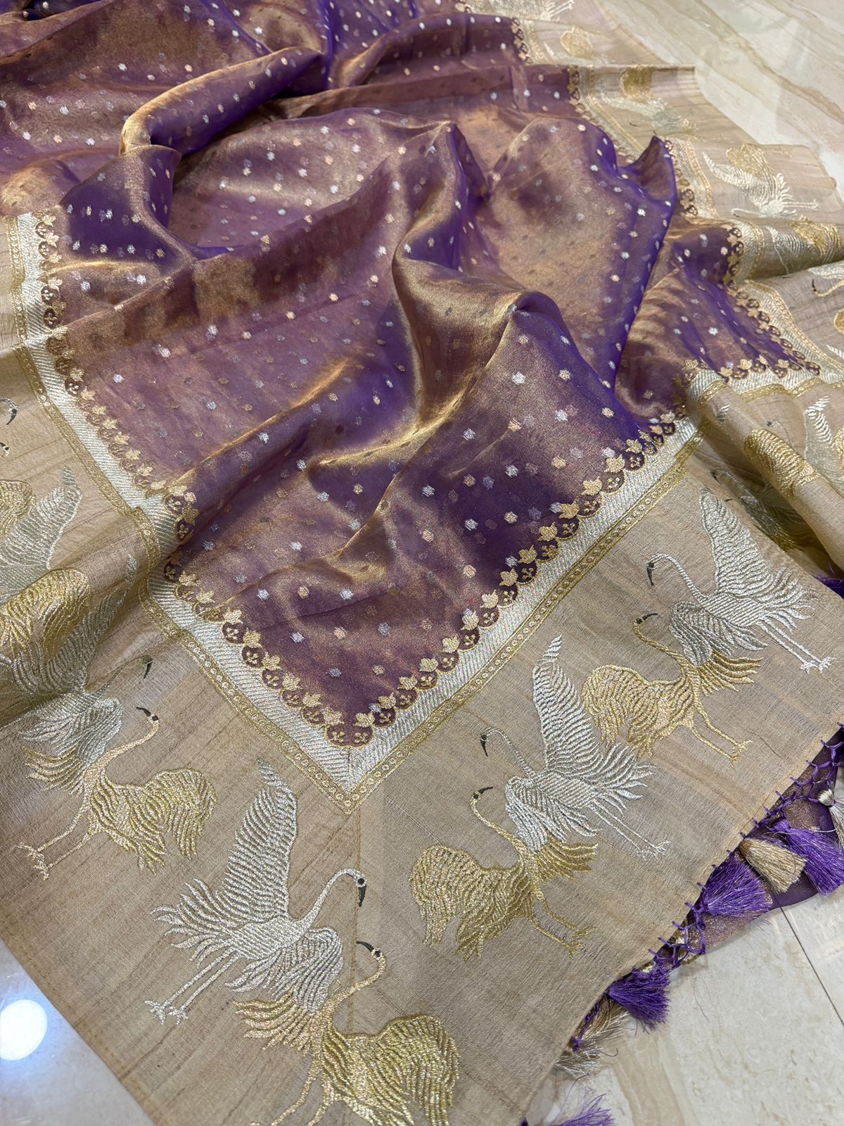 Banarasi Soft Tissue Silk Saree With Tussar Border - Image 7