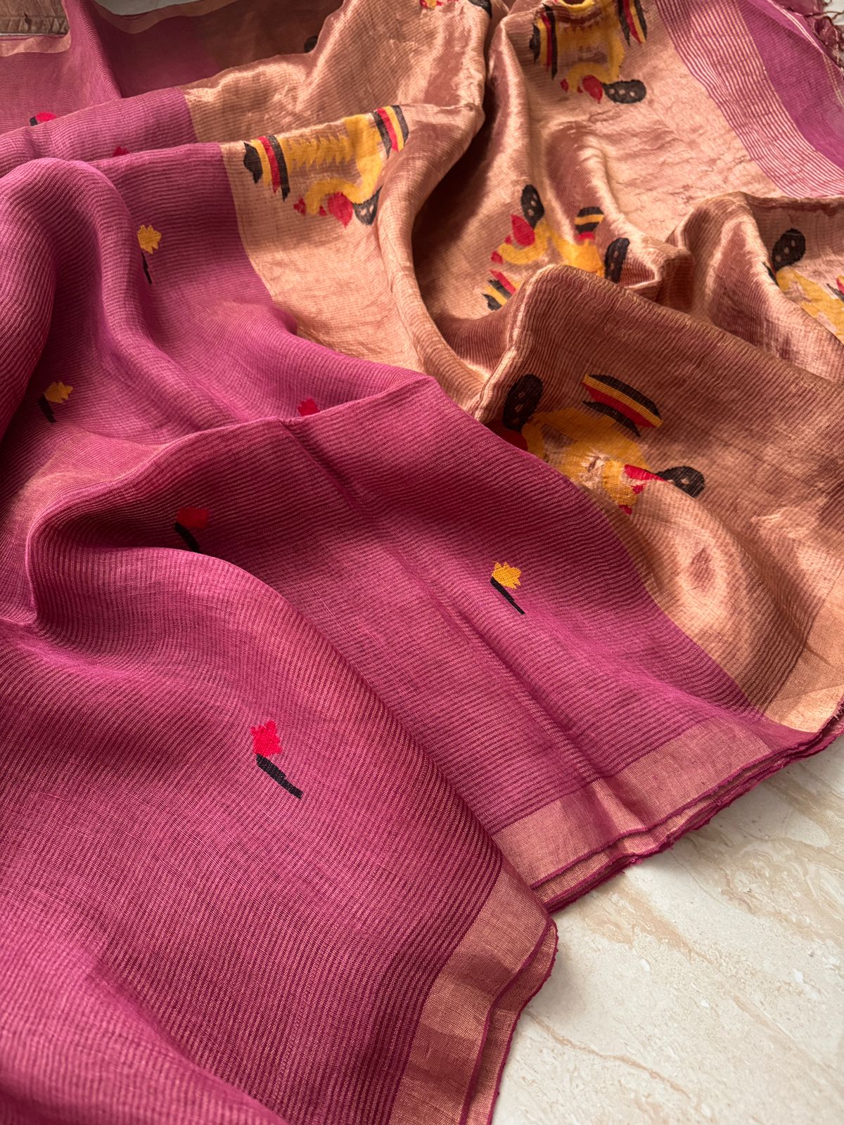 Pure Handloom Linen Tissue Silk Jamdani Saree - Image 5