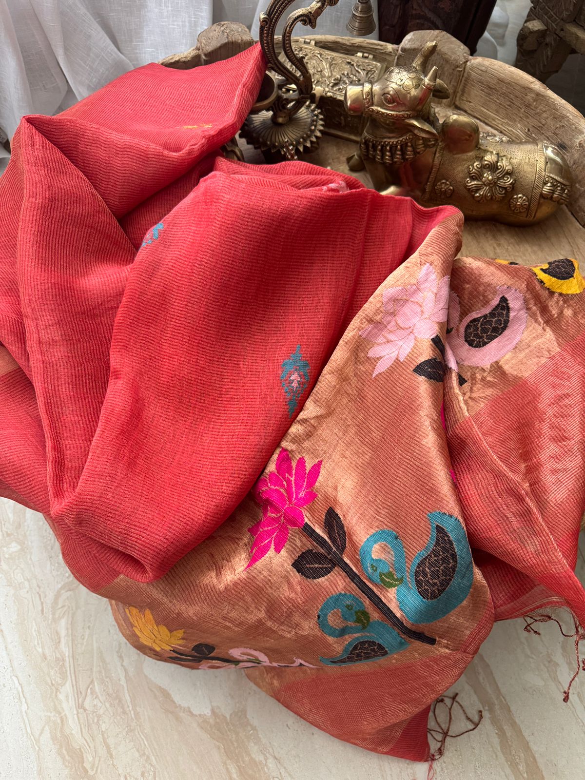 Pure Handloom Linen Tissue Silk Jamdani Weave Saree - Image 5