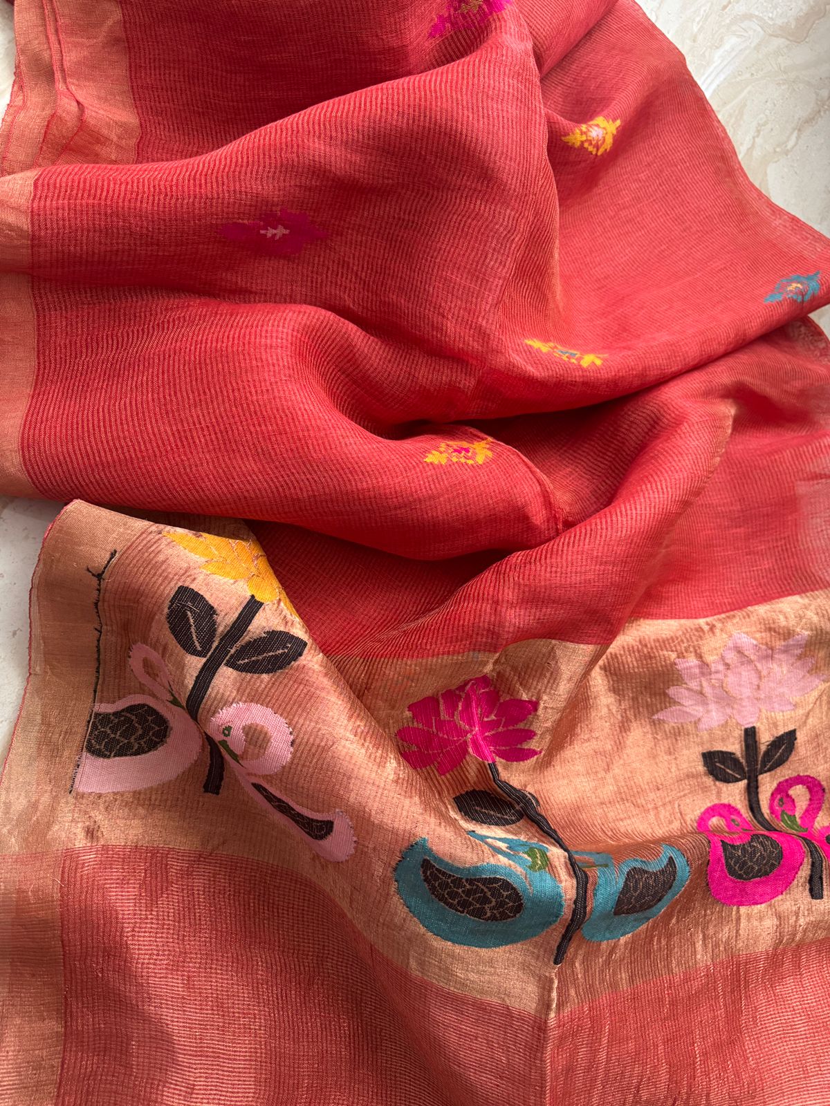 Pure Handloom Linen Tissue Silk Jamdani Weave Saree - Image 4