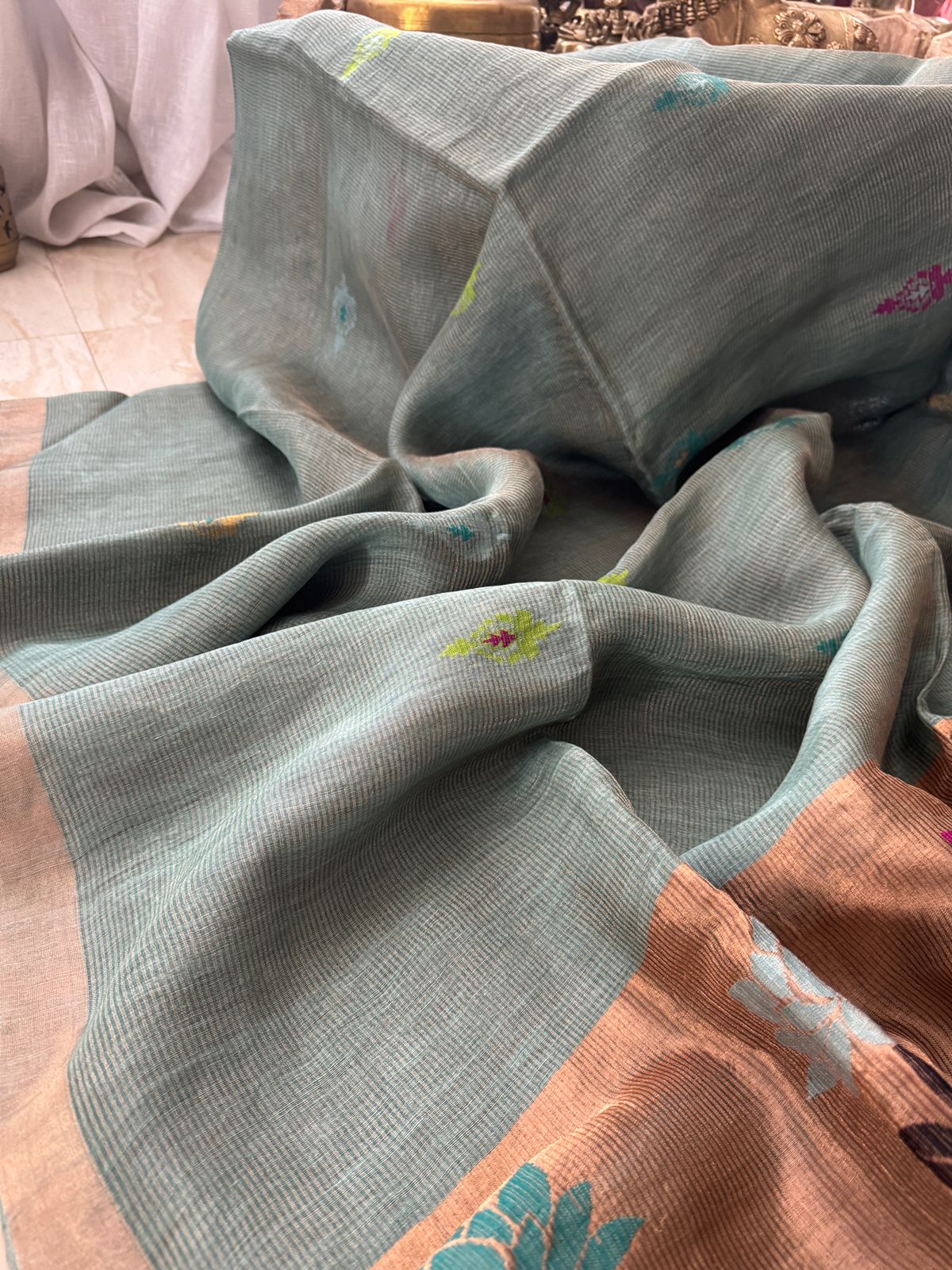 Pure Handloom Linen Tissue Silk Saree With Jamdani Weave - Image 3