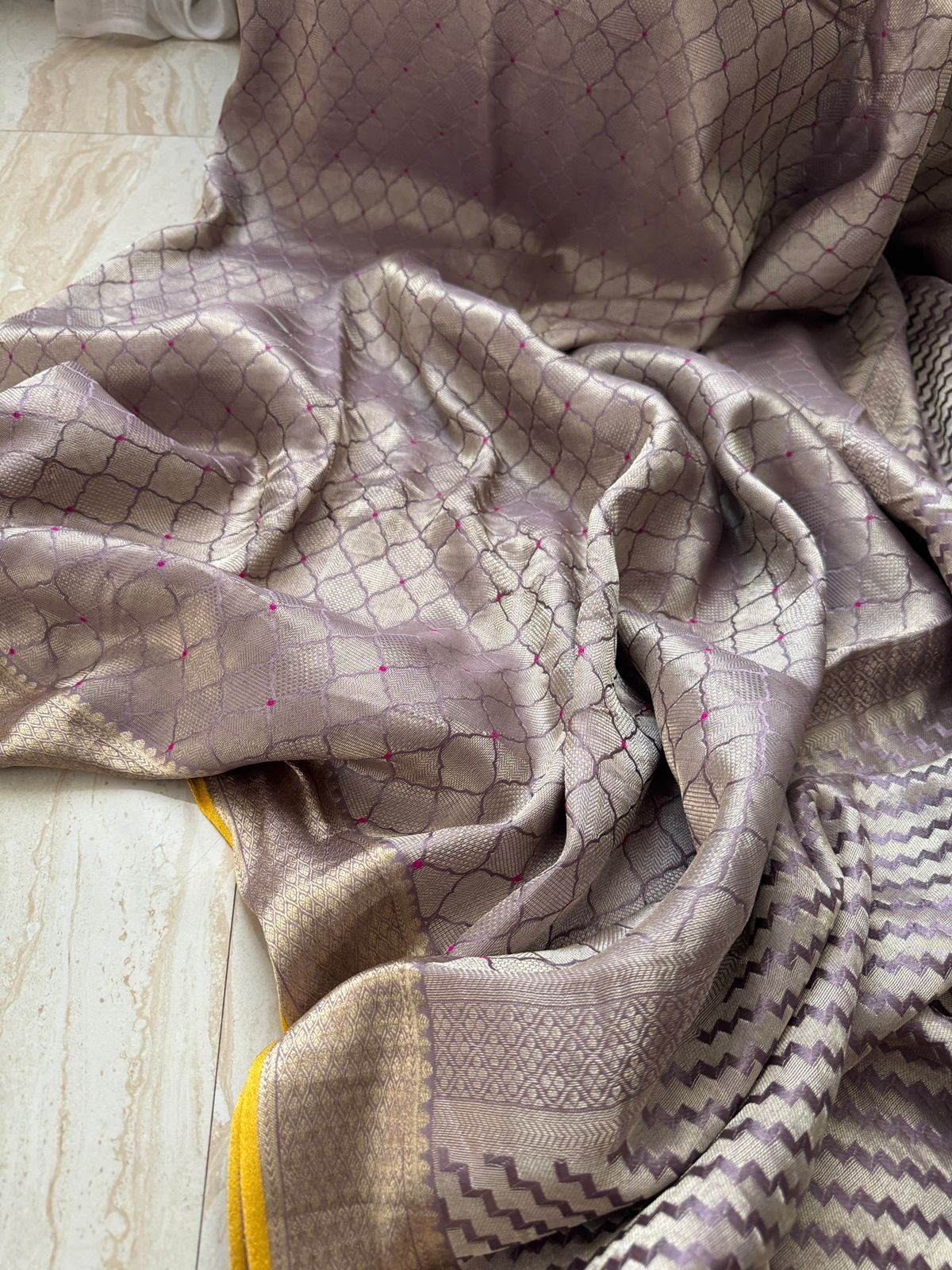 Pure Mysore Brocade Crepe Silk Saree With Meenakari Weave - Image 8